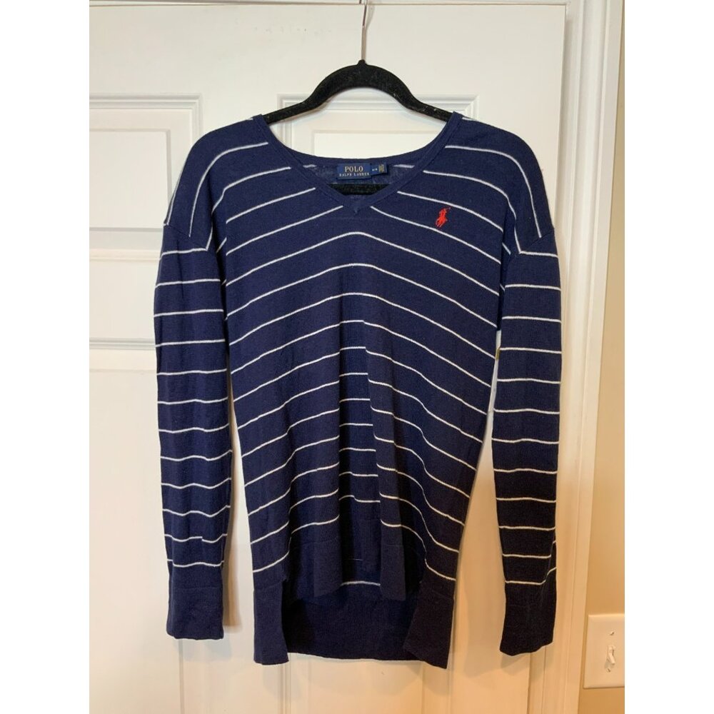 Polo Ralph Lauren Blue & White Striped V-Neck Linen Blend Sweater, Size M